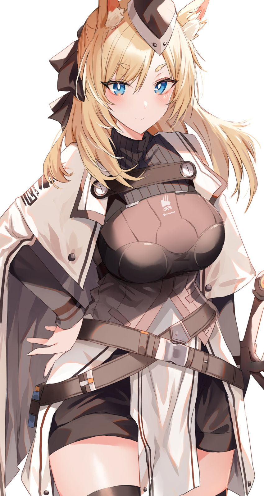 1girl animal_ear_fluff animal_ears arknights bangs belt blonde_hair blue_eyes blush breasts cape commentary_request cowboy_shot eyebrows_visible_through_hair hand_on_hip highres kinona large_breasts long_hair looking_at_viewer partial_commentary simple_background smile solo standing thighs whislash_(arknights) white_background white_cape