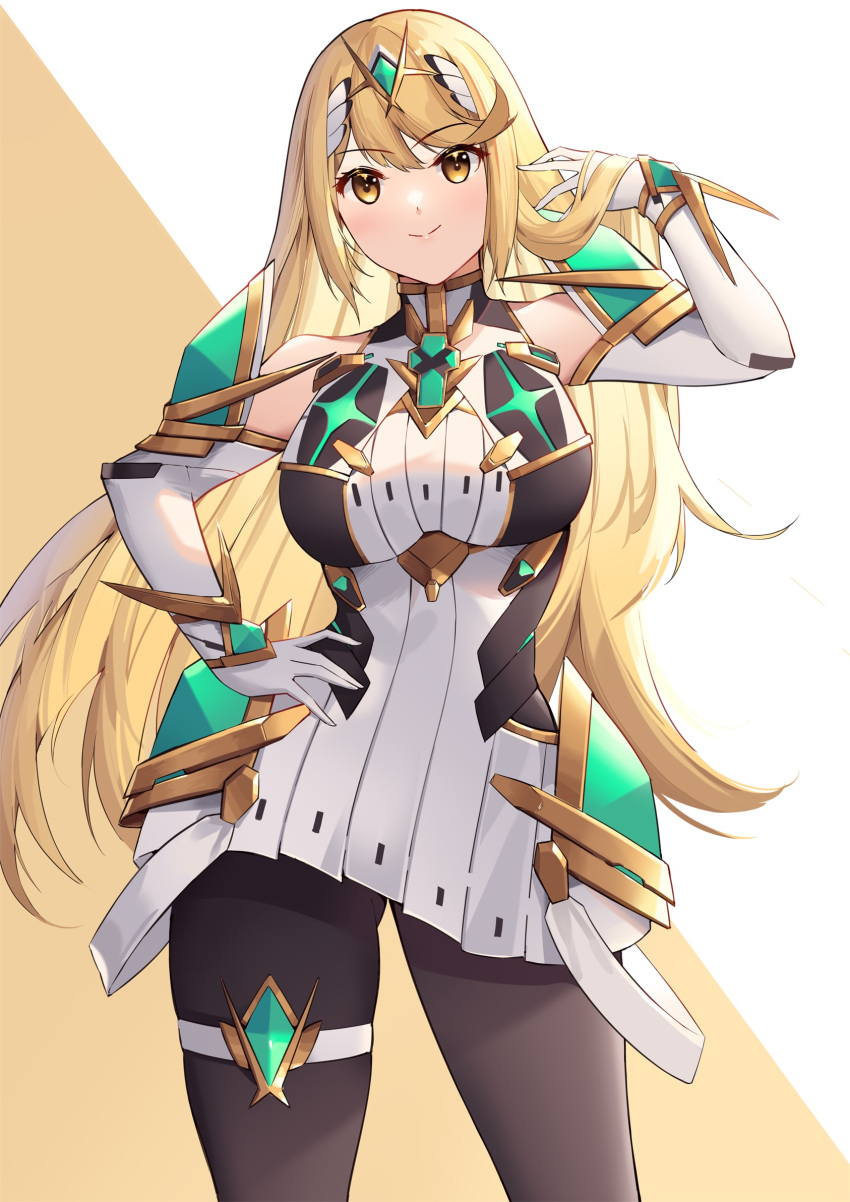 1girl bangs bare_shoulders black_legwear blonde_hair breasts chest_jewel dress earrings elbow_gloves eol_9 gem gloves headpiece highres jewelry large_breasts long_hair looking_at_viewer mythra_(massive_melee)_(xenoblade) mythra_(xenoblade) pantyhose solo super_smash_bros. swept_bangs tiara very_long_hair white_dress white_gloves xenoblade_chronicles_(series) xenoblade_chronicles_2 yellow_eyes