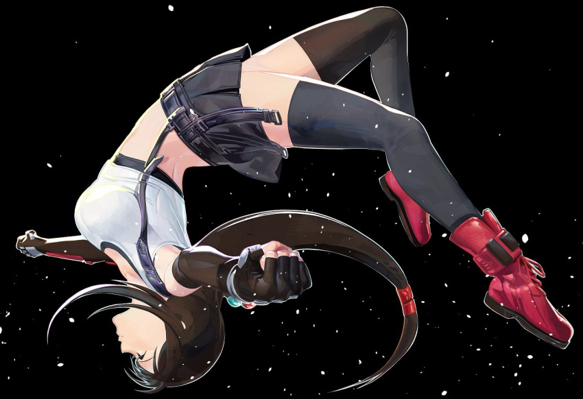 1girl arm_guards backflip black_background black_legwear clenched_hands crop_top elbow_gloves ffffcoffee final_fantasy final_fantasy_vii final_fantasy_vii_remake fingerless_gloves gloves long_hair low-tied_long_hair materia midair miniskirt pleated_skirt red_footwear skirt solo suspenders tank_top thigh-highs tifa_lockhart
