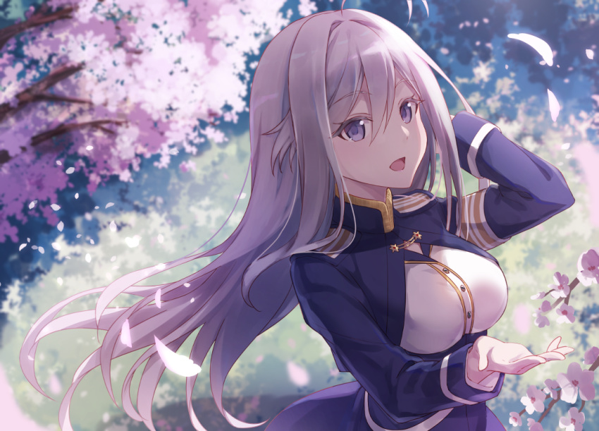 .com 1girl 86_-eightysix- antenna_hair bangs blue_eyes breasts cherry_blossoms commentary_request eyebrows_visible_through_hair hair_intakes long_hair looking_at_viewer medium_breasts military military_uniform petals sidelocks solo uniform vladilena_millize white_hair