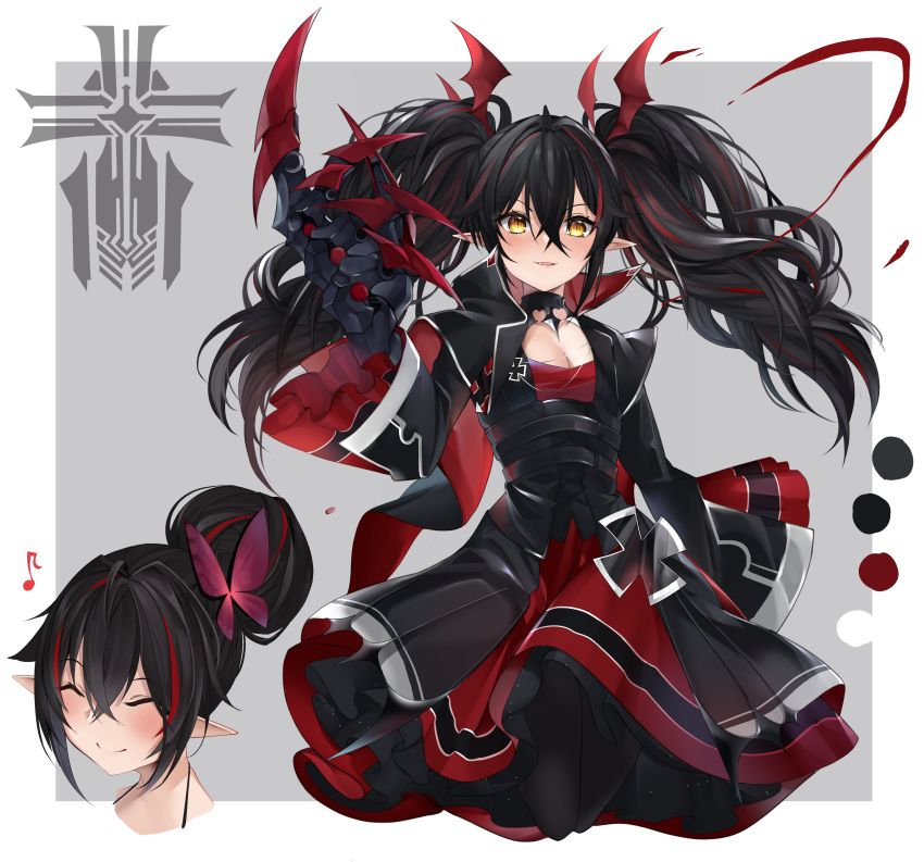 1girl absurdres azur_lane bangs bat_hair_ornament black_hair breasts butterfly_hair_ornament g3_(g310b3) gothic_lolita hair_ornament highres iron_blood_(emblem) iron_cross lolita_fashion mechanical_arms multicolored_hair pointy_ears red_eyes small_breasts smile solo twintails yellow_eyes z24_(azur_lane)