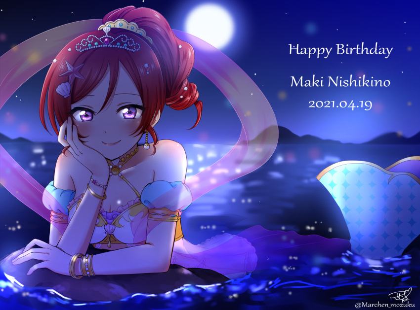 1girl bangs birthday bracelet breasts character_name collarbone commentary_request dated earrings english_text happy_birthday highres jewelry looking_at_viewer love_live! love_live!_school_idol_project mermaid mermaid_costume monster_girl moon night night_sky nishikino_maki ocean ponytail redhead ric_(fwpbox) rock short_hair signature sky small_breasts solo star_(sky) starry_sky twitter_username violet_eyes