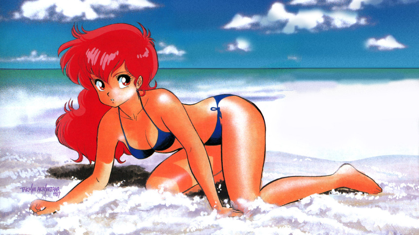 1980s_(style) 1girl akaishizawa_takashi all_fours artist_name barefoot beach bikini blue_bikini dated day halter_top halterneck highres long_hair magami_eiko ocean official_art outdoors parted_lips project_a-ko red_eyes redhead retro_artstyle side-tie_bikini solo swimsuit traditional_media water
