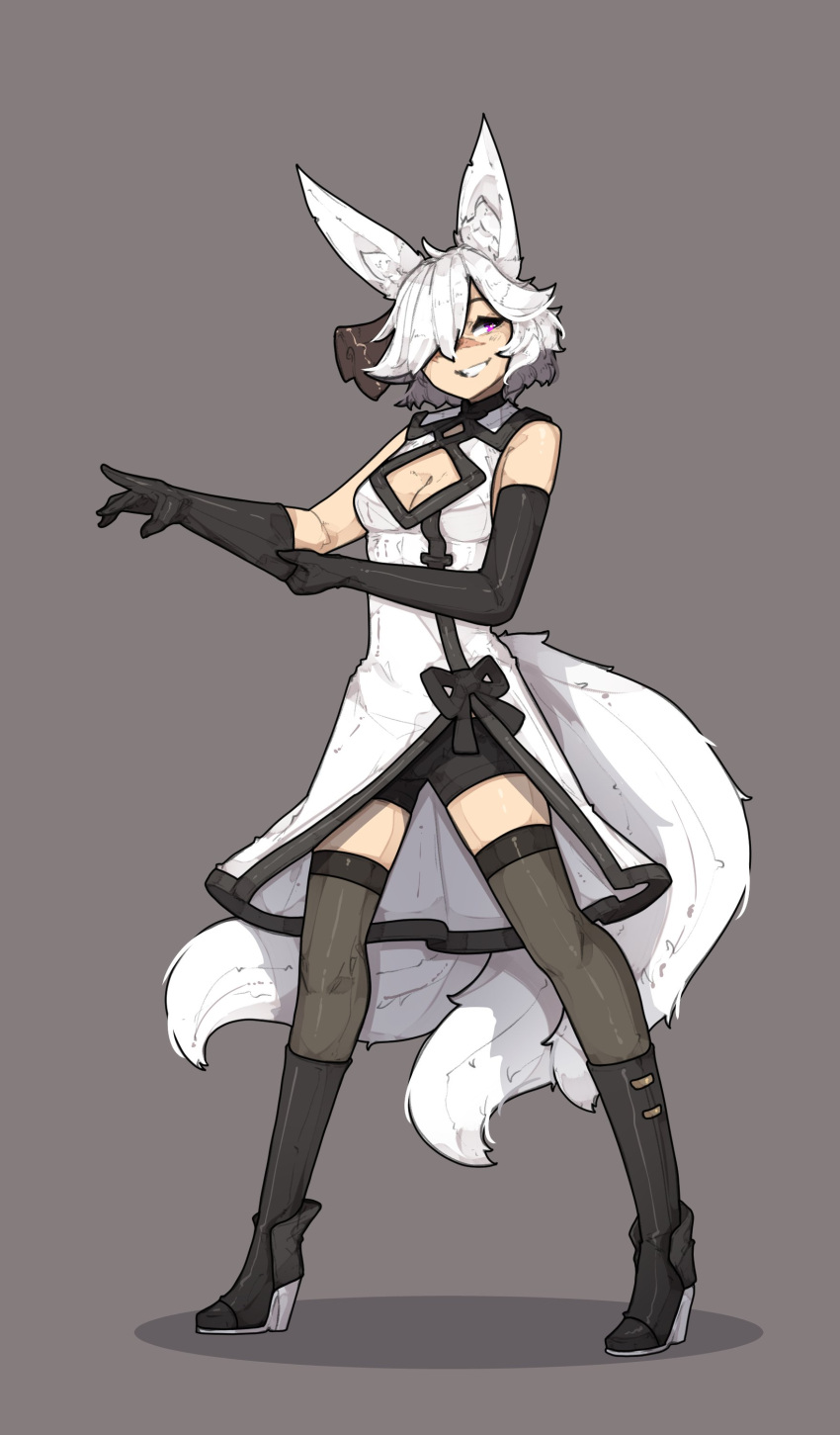 1girl absurdres adjusting_clothes adjusting_gloves animal_ears bangs bare_shoulders black_gloves black_shorts blue_eyes breasts brown_legwear cleavage_cutout clothing_cutout elbow_gloves fox_ears fox_tail full_body gloves grey_background grin hair_ornament hair_over_one_eye high_heels highres looking_at_viewer medium_breasts multiple_tails one_eye_closed original shorts shuuko_(s_h_uuko) simple_background smile solo standing tail teeth thigh-highs