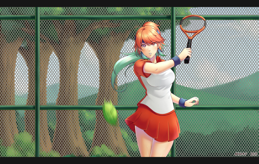 akkanen alternate_costume alternate_hairstyle ball chain-link_fence earrings eyebrows_visible_through_hair feather_earrings feathers fence gradient_hair headband highres holding holding_racket hololive hololive_english jewelry mori_calliope multicolored_hair orange_hair ponytail racket sport sportswear takanashi_kiara tennis tennis_ball tennis_court tennis_racket tennis_uniform two-tone_shirt violet_eyes virtual_youtuber