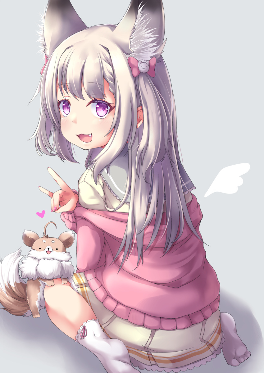 1girl ;d animal animal_ear_fluff animare braid cardigan dress extra_ears fang fox fox_shadow_puppet full_body highres konata_gazel long_hair looking_at_viewer looking_back neckerchief off_shoulder one_eye_closed open_mouth pink_cardigan shiromiya_mimi silver_hair sitting smile socks violet_eyes virtual_youtuber wariza white_legwear