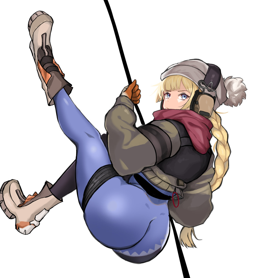 1girl absurdres ass back blonde_hair blue_eyes boots braid braided_ponytail brown_jacket closed_mouth eyebrows_visible_through_hair girls_frontline gloves grey_headwear headphones highres holding holding_rope jacket leggings legs legs_up long_hair looking_at_viewer loveu orange_gloves red_scarf rope scarf solo spandex thighs vhs_(girls_frontline) white_background