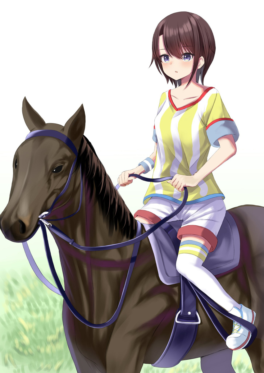 1girl bangs baseball_jersey blush bridle brown_hair full_body highres hololive horse looking_away natsuki_(natukituki) no_hat no_headwear oozora_subaru parted_lips riding saddle shirt shoes short_hair short_sleeves shorts sneakers solo striped striped_shirt swept_bangs thigh-highs two-tone_shirt vertical-striped_shirt vertical_stripes very_short_hair virtual_youtuber white_legwear white_shirt white_shorts yellow_shirt