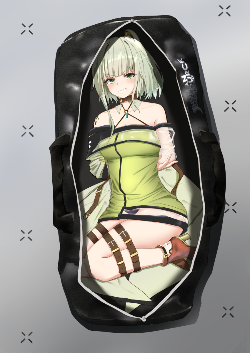 1girl absurdres arknights arms_behind_back bag bangs bare_legs bare_shoulders blush bound bound_legs brown_footwear calvaires clenched_teeth dress eyebrows_visible_through_hair green_dress green_eyes grey_background high_heels highres in_bag in_container kal'tsit_(arknights) looking_at_viewer microdress off-shoulder_dress off_shoulder short_hair silver_hair solo teeth thighs v-shaped_eyebrows