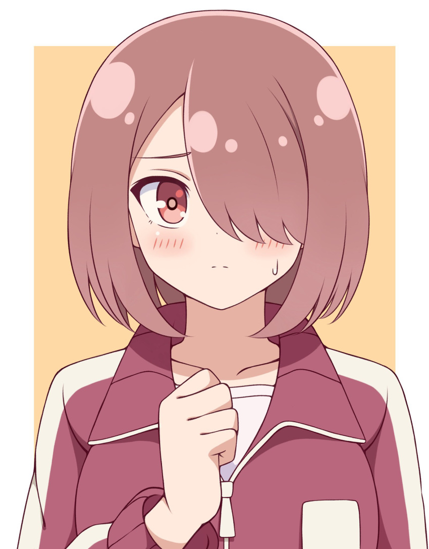 1girl bangs blush border breasts brown_hair clenched_hand closed_mouth collarbone commentary_request disconnected_mouth eyebrows_visible_through_hair frown hair_over_one_eye hand_up highres hoshino_miyako_(wataten) jacket long_sleeves looking_at_viewer outside_border red_eyes red_jacket shirt short_hair simple_background solo sweatdrop track_jacket upper_body watashi_ni_tenshi_ga_maiorita! white_border white_shirt yellow_background zeta_(24904340) zipper_pull_tab