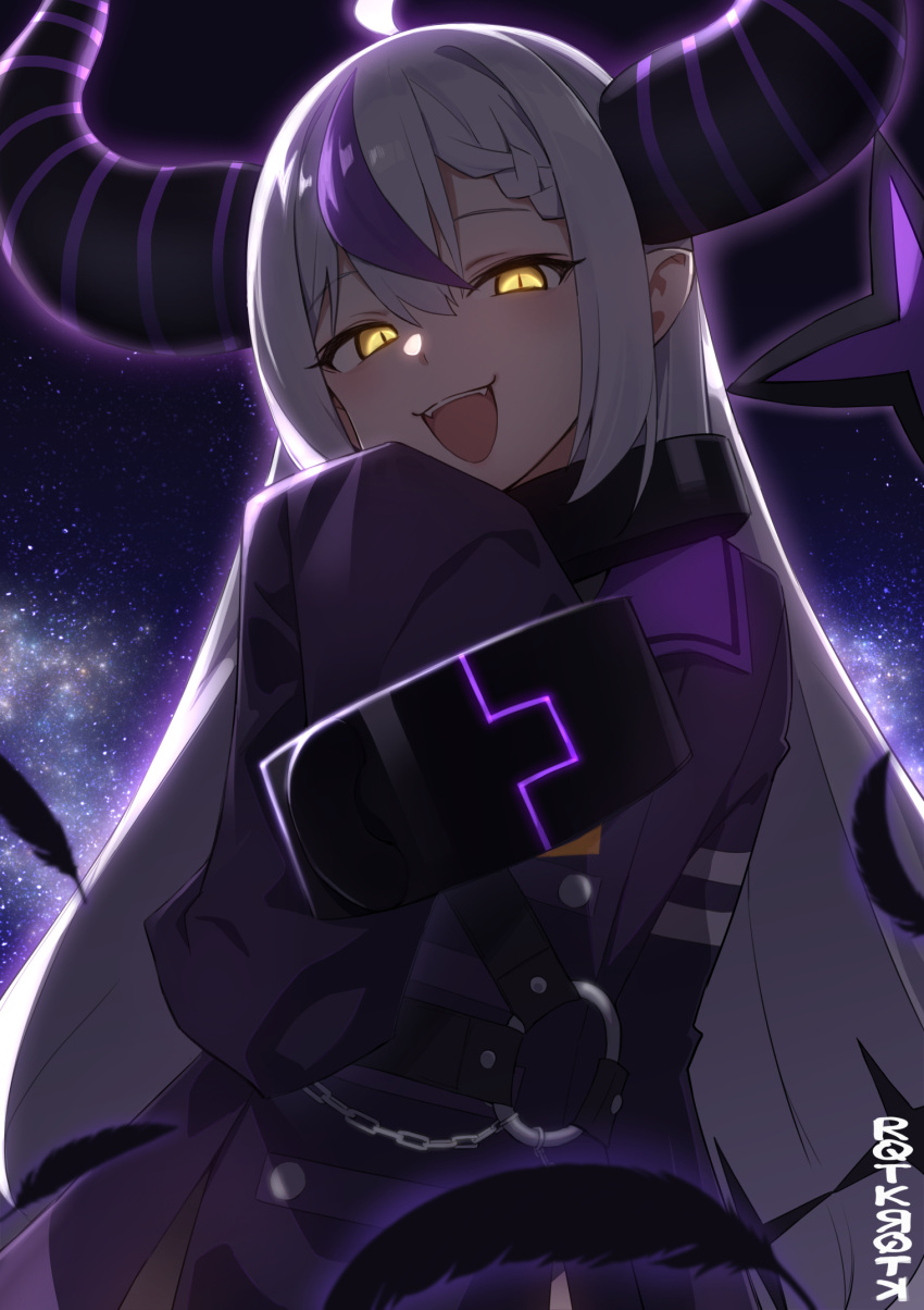 1girl ahoge bangs blush coat collar demon_horns fangs feathers highres hololive horns la+_darknesss long_hair long_sleeves looking_at_viewer metal_collar multicolored_hair open_mouth pointy_ears purple_coat purple_hair rqtkrqtk simple_background sleeves_past_fingers sleeves_past_wrists solo streaked_hair striped_horns very_long_hair virtual_youtuber white_hair yellow_eyes