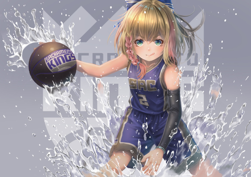 1girl azur_lane basketball basketball_uniform braid cowboy_shot detached_sleeves dribbling logo looking_at_viewer mitch_richmond namesake national_basketball_association richmond_(azur_lane) sacramento_kings side_braid sportswear tongue tongue_out water yakkuro