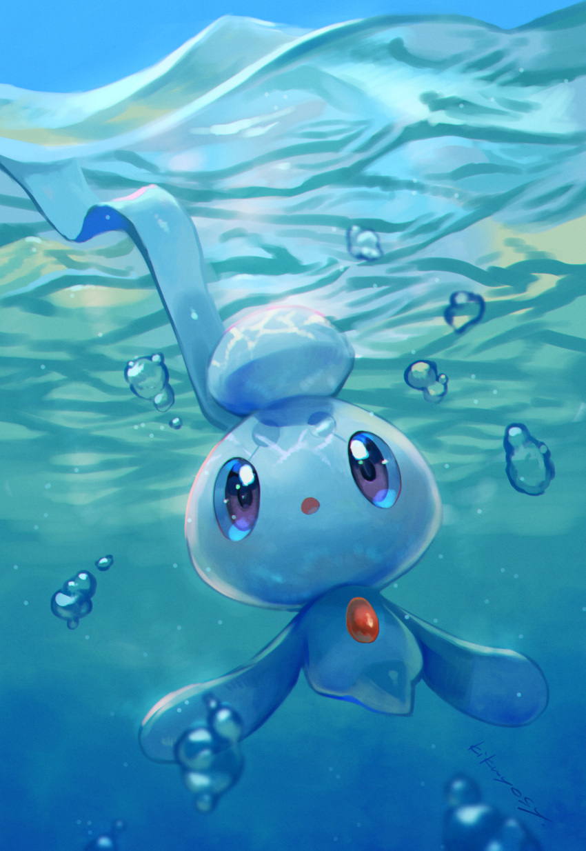 air_bubble bubble commentary_request creature gen_4_pokemon highres kikuyoshi_(tracco) mythical_pokemon no_humans open_mouth phione pokemon pokemon_(creature) signature solo underwater violet_eyes water_surface