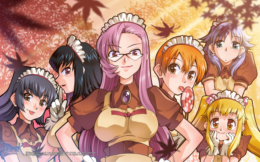 6+girls apron bangs black_hair blonde_hair blossom_(ragnarok_online) blue_hair blush breasts brown_apron brown_dress brown_eyes candy closed_mouth collared_dress copyright_name curly_sue dated dress earrings eyebrows_visible_through_hair food glasses gloves green_eyes hair_between_eyes hair_bobbles hair_ornament highres jasmine_(ragnarok_online) jewelry kafra_uniform leilah_(ragnarok_online) licking lollipop long_hair looking_at_viewer maid maid_headdress medium_breasts mizuki_hitoshi multiple_girls official_art open_mouth orange_hair pavianne_(ragnarok_online) pink_eyes pink_hair ponytail puffy_short_sleeves puffy_sleeves ragnarok_online red_eyes roxie_(ragnarok_online) short_hair short_sleeves smile tongue tongue_out tree twintails upper_body wallpaper watermark white_gloves