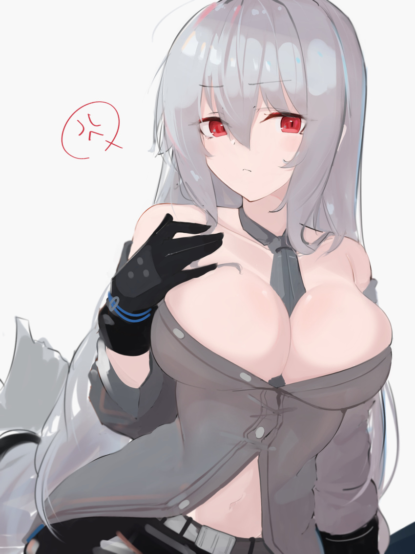 1girl anger_vein arknights arm_behind_back ascot asususususu bangs black_gloves black_jacket black_shorts breasts commentary_request eyebrows gloves grey_neckwear grey_shirt hand_on_own_chest head_tilt highres jacket long_hair looking_at_viewer low-tied_long_hair medium_breasts no_hat no_headwear red_eyes shirt shorts sidelocks silver_hair simple_background skadi_(arknights) solo speech_bubble upper_body weapon white_background