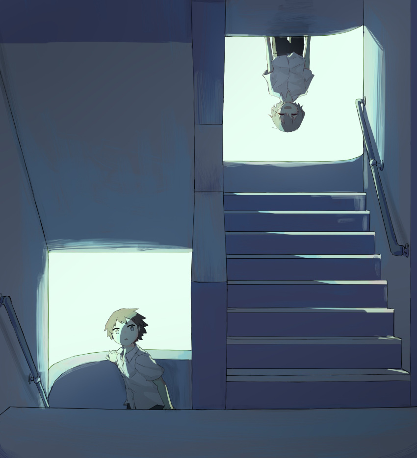 2boys :d absurdres avogado6 black_pants brown_hair collared_shirt falling grey_eyes highres indoors multiple_boys open_mouth original pants shirt smile stairs suicide upside-down white_shirt wide-eyed wing_collar