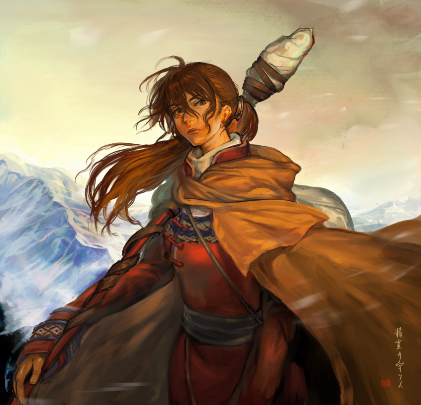 1girl balsa brown_hair cape earrings hair_between_eyes highres holding holding_polearm holding_weapon ida_rintarou jewelry long_sleeves looking_at_viewer mountain outdoors polearm procreate_(medium) seirei_no_moribito solo standing stud_earrings sunset weapon