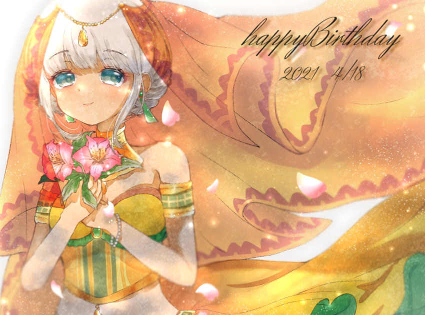 1girl bangs bare_shoulders bead_bracelet beads blush bracelet braid breasts dangan_ronpa_(series) dangan_ronpa_10th_anniversary_costume dangan_ronpa_v3:_killing_harmony dark_skin dated earrings eyebrows_visible_through_hair flower green_eyes grey_hair hands_up happy_birthday highres holding jewelry official_alternate_costume petals pink_flower short_hair silver_hair small_breasts smile solo veil yonaga_angie