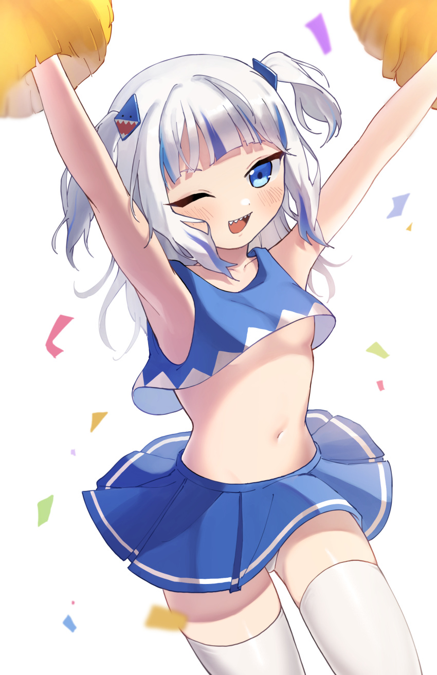 1girl :d absurdres arms_up bangs bare_arms blue_eyes blue_shirt blue_skirt blush breasts cheerleader collarbone crop_top gawr_gura hair_ornament highres hololive hololive_english jess_(jessdont) navel one_eye_closed open_mouth panties pantyshot pom_poms shark_hair_ornament sharp_teeth shirt skindentation skirt small_breasts smile solo stomach teeth thigh-highs two-tone_shirt two_side_up underwear virtual_youtuber white_background white_panties white_shirt white_skirt