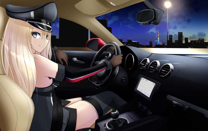 1girl bismarck_(kancolle) blonde_hair blue_eyes brown_gloves car car_interior car_seat cityscape detached_sleeves driving gloves grey_headwear grey_legwear ground_vehicle hat highres kantai_collection long_hair motor_vehicle nokonoko peaked_cap seatbelt sitting solo steering_wheel thigh-highs uniform