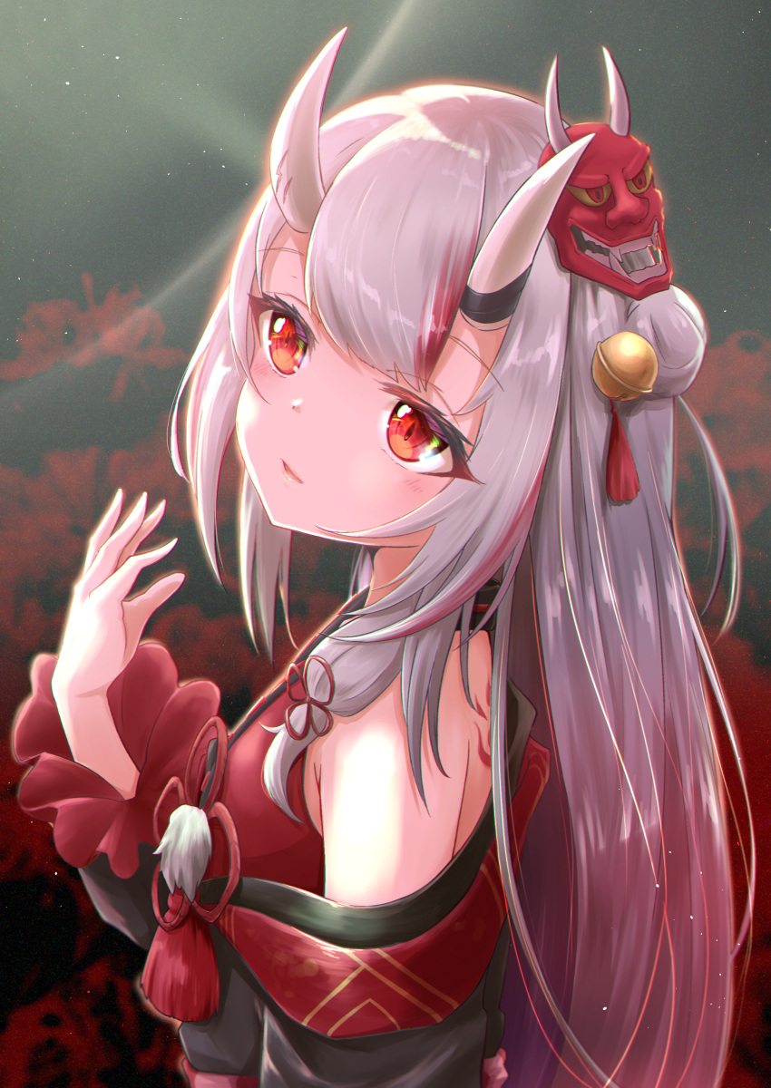1girl absurdres bare_shoulders bell black_kimono double_bun from_side gradient_hair hair_bell hair_ornament highres hilamaru hololive horns japanese_clothes jingle_bell kimono long_hair looking_away multicolored_hair nakiri_ayame off-shoulder_kimono oni oni_horns oni_mask red_eyes redhead shirt silver_hair solo streaked_hair upper_body virtual_youtuber white_shirt