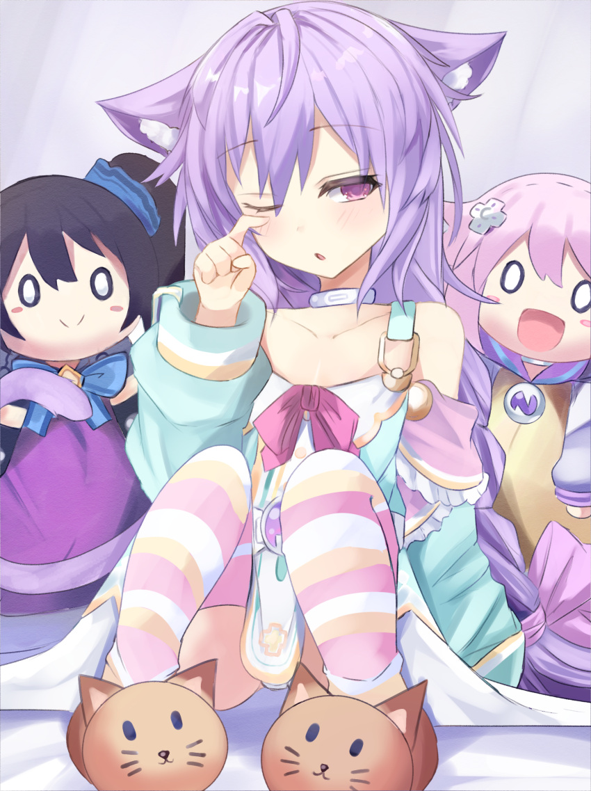 1girl ;o absurdres animal_ears bare_shoulders bimmy blush blush_stickers bow braid braided_ponytail cat_ears cat_girl cat_slippers character_doll choker d-pad d-pad_hair_ornament detached_sleeves full_body hair_bow hair_ornament hand_up highres indoors kami_jigen_game_neptune_v knees_up long_hair multicolored multicolored_clothes multicolored_legwear neptune_(neptune_series) neptune_(series) noire one_eye_closed panties panty_peek pantyshot pink_eyes ponytail purple_bow purple_hair pururut rubbing_eyes sleepy solo striped striped_legwear underwear upskirt very_long_hair violet_eyes white_choker white_panties