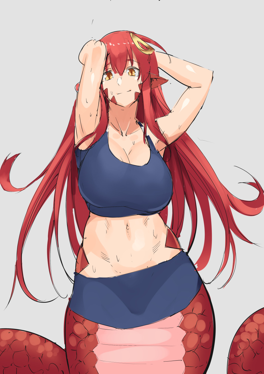 absurdres arms_behind_head breasts commission commissioner_upload hair_ornament head_tilt highres lamia large_breasts long_hair looking_at_viewer miia_(monster_musume) miniskirt monster_girl monster_musume_no_iru_nichijou pointy_ears redhead scales sketch skirt smile sports_bra stomach stormcow sweat wide_hips yellow_eyes
