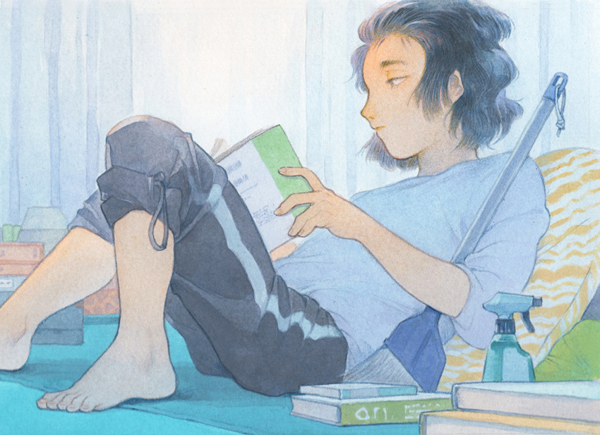 1girl barefoot black_hair black_pants book bottle broom curtains expressionless foot_out_of_frame grey_shirt indoors kan0nakan0 open_book original pants pillow profile reading shirt short_hair solo spray_bottle