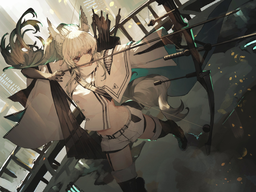1girl absurdres animal_ear_fluff animal_ears arknights arrow_(projectile) bangs bare_shoulders belt bow_(weapon) breasts brown_eyes building closed_mouth eyebrows_visible_through_hair highres holding holding_arrow holding_bow_(weapon) holding_weapon horse_ears kenseeeeeeee long_hair long_sleeves midriff platinum_(arknights) quiver shorts silver_hair solo stomach tail thighs very_long_hair weapon white_hair white_shorts