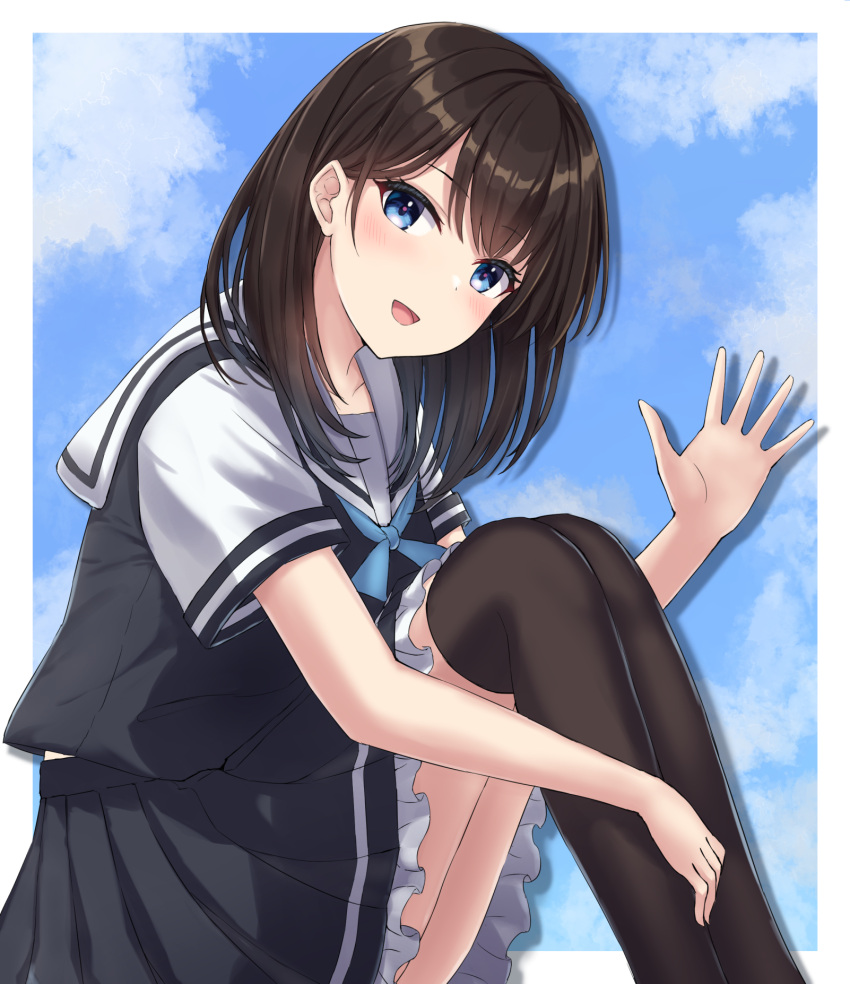 1girl :d bangs black_hair black_legwear black_shirt black_skirt blue_eyes blue_neckwear blush commentary_request day eyebrows_visible_through_hair frilled_skirt frills hand_up highres knees_up looking_at_viewer looking_to_the_side monoku open_mouth original over-kneehighs pleated_skirt sailor_collar school_uniform serafuku shirt short_sleeves sitting skirt smile solo thigh-highs white_sailor_collar