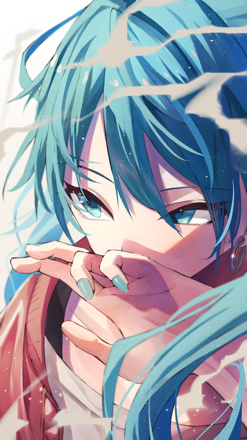 1girl absurdres bangs blue_eyes blue_hair blue_nails close-up covering_mouth earrings face hair_between_eyes hand_over_own_mouth hatsune_miku highres jacket jewelry long_hair looking_to_the_side red_jacket shirt shun'ya_(daisharin36) solo suna_no_wakusei_(vocaloid) vocaloid white_shirt