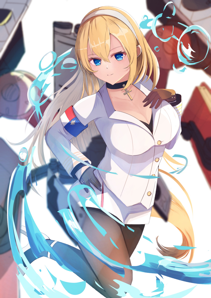 1girl armband azur_lane black_gloves blonde_hair blue_eyes breasts cannon choker cowboy_shot cross cross_choker cross_necklace gloves hair_between_eyes hairband half_gloves hand_on_hip hand_on_own_chest hane_(feathe02) high_heels highres jewelry large_breasts machinery military_jacket miniskirt necklace north_carolina_(azur_lane) pantyhose pencil_skirt rigging skirt smokestack solo standing standing_on_one_leg turret white_footwear white_hairband white_skirt