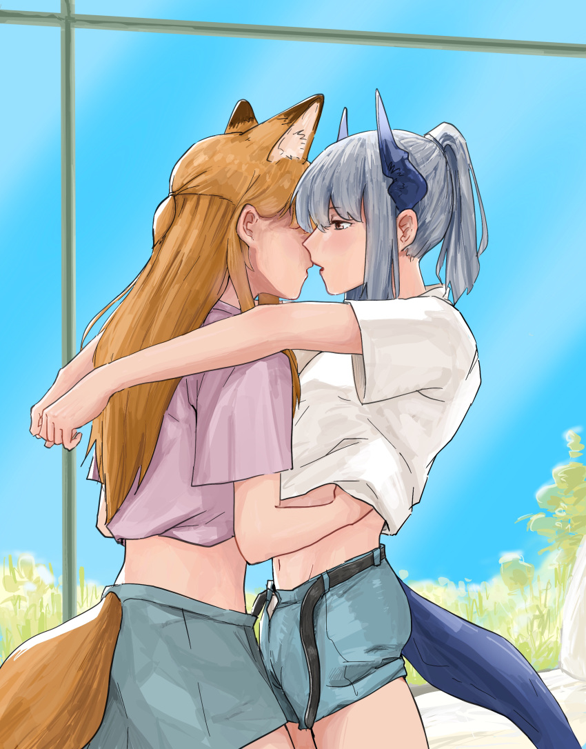 2girls absurdres animal_ears arknights arms_around_neck auxinouskii belt blue_sky brown_eyes cowboy_shot dragon_girl dragon_horns dragon_tail fox_ears fox_girl fox_tail franka_(arknights) grass grey_hair hand_under_clothes highres horns imminent_kiss liskarm_(arknights) long_hair loose_belt midriff multiple_girls navel orange_hair ponytail purple_shirt shirt shorts sidelocks sky tail tail_through_clothes undressing_another white_shirt window yuri