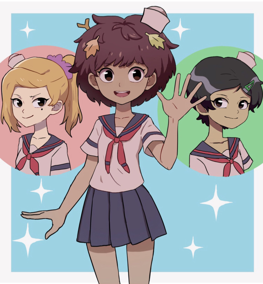 3girls alternate_costume amphibia anne_boonchuy black_hair blonde_hair blue_sailor_collar blue_skirt brown_hair cowboy_shot dixie_cup_hat hair_ornament hairclip hat highres hikiomor leaf looking_at_viewer marcy_wu medium_hair military_hat mole mole_under_eye multiple_girls neckerchief pleated_skirt ponytail red_neckwear sailor_collar sasha_waybright school_uniform scrunchie serafuku short_hair simple_background skirt smile twig waving