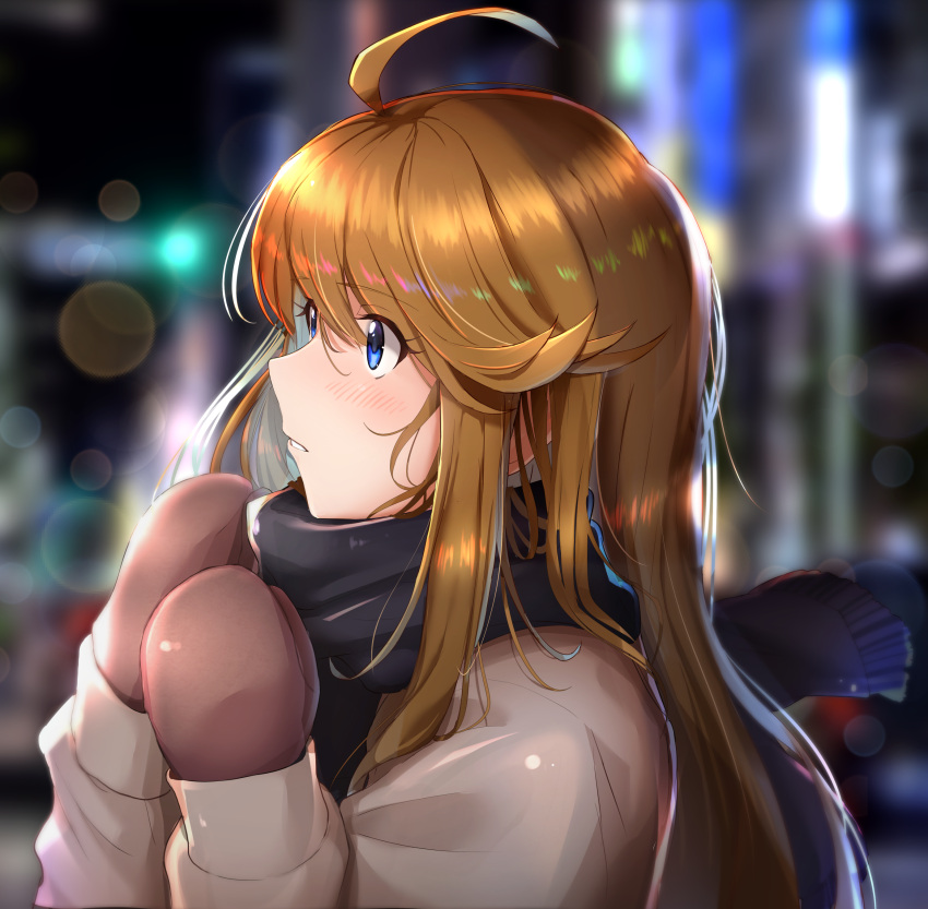 1girl absurdres ahoge bangs blue_eyes blurry blush bokeh brown_hair coat depth_of_field eyebrows_visible_through_hair highres homco idolmaster idolmaster_million_live! idolmaster_million_live!_theater_days long_hair looking_to_the_side mittens parted_lips profile scarf solo swept_bangs tokoro_megumi upper_body winter winter_clothes winter_coat