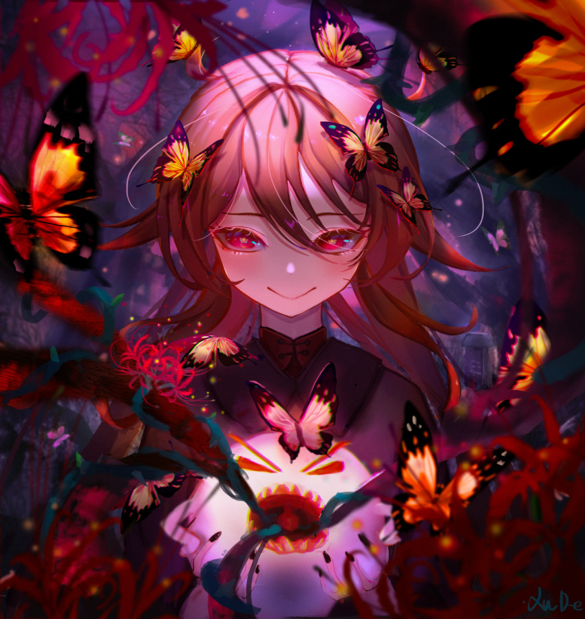 1girl black_nails brown_hair bug butterfly chinese_clothes eyelashes flower genshin_impact ghost glaring highres horror_(theme) hu_tao insect long_hair looking_at_viewer min_miyamoto nail_polish open_mouth red_eyes sharp_teeth smile solo teeth twintails