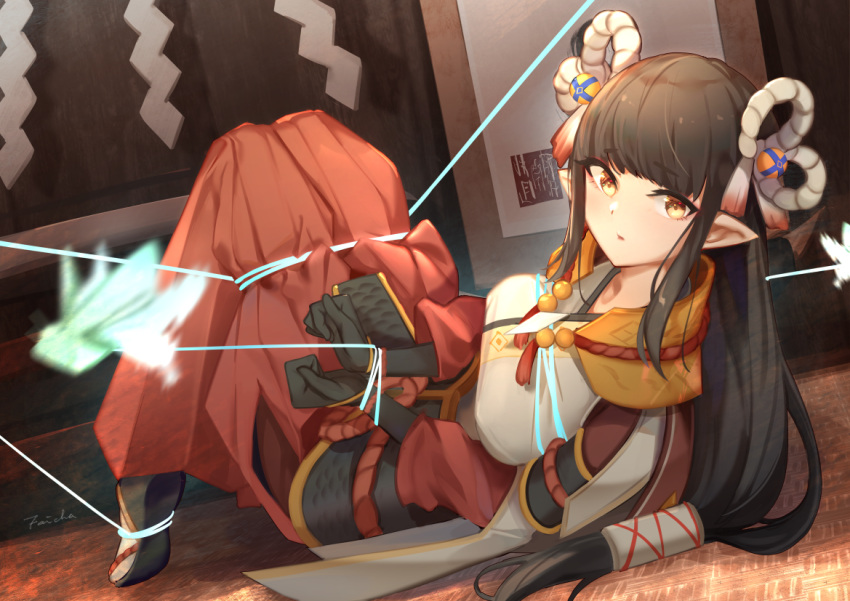 1girl bangs black_gloves black_hair blunt_bangs blush breasts bug faicha gloves hair_ornament hakama japanese_clothes jewelry kimono large_breasts long_hair looking_at_viewer minoto monster_hunter_(series) monster_hunter_rise necklace pointy_ears red_hakama restrained white_kimono yellow_eyes