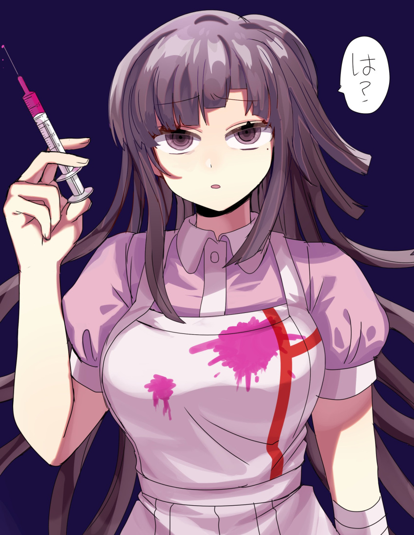 1girl :o apron bandages bangs blood blue_background blush breasts commentary_request dangan_ronpa_(series) dangan_ronpa_2:_goodbye_despair eyebrows_visible_through_hair hand_up highres holding holding_syringe long_hair looking_at_viewer mole mole_under_eye nurse open_mouth pink_blood pink_shirt puffy_short_sleeves puffy_sleeves purple_hair shaded_face shirt short_sleeves simple_background skirt solo speech_bubble syringe translation_request tsumiki_mikan upper_body very_long_hair violet_eyes white_apron zhou_ben