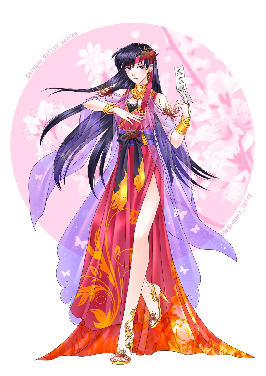 1girl bishoujo_senshi_sailor_moon black_hair bracelet chinese_clothes closed_mouth dress floating_hair full_body headband high_heels highres hino_rei holding jewelry koya long_dress long_hair long_sleeves pumps red_dress red_headband sash see-through shiny shiny_hair side_slit solo standing very_long_hair violet_eyes white_background wide_sleeves yellow_footwear