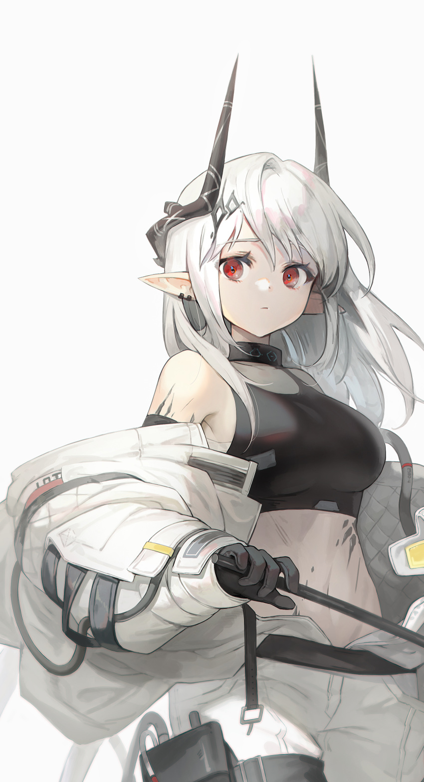 1girl absurdres arknights bare_shoulders black_choker black_gloves black_shirt breasts choker coat cowboy_shot crop_top expressionless gloves highres holding horns large_breasts long_hair looking_at_viewer midriff mudrock_(arknights) navel off_shoulder open_clothes open_coat oversized_clothes pointy_ears red_eyes shirt sidelocks simple_background sleeveless sleeveless_shirt solo soyoong_jun stomach tank_top white_background white_coat white_hair