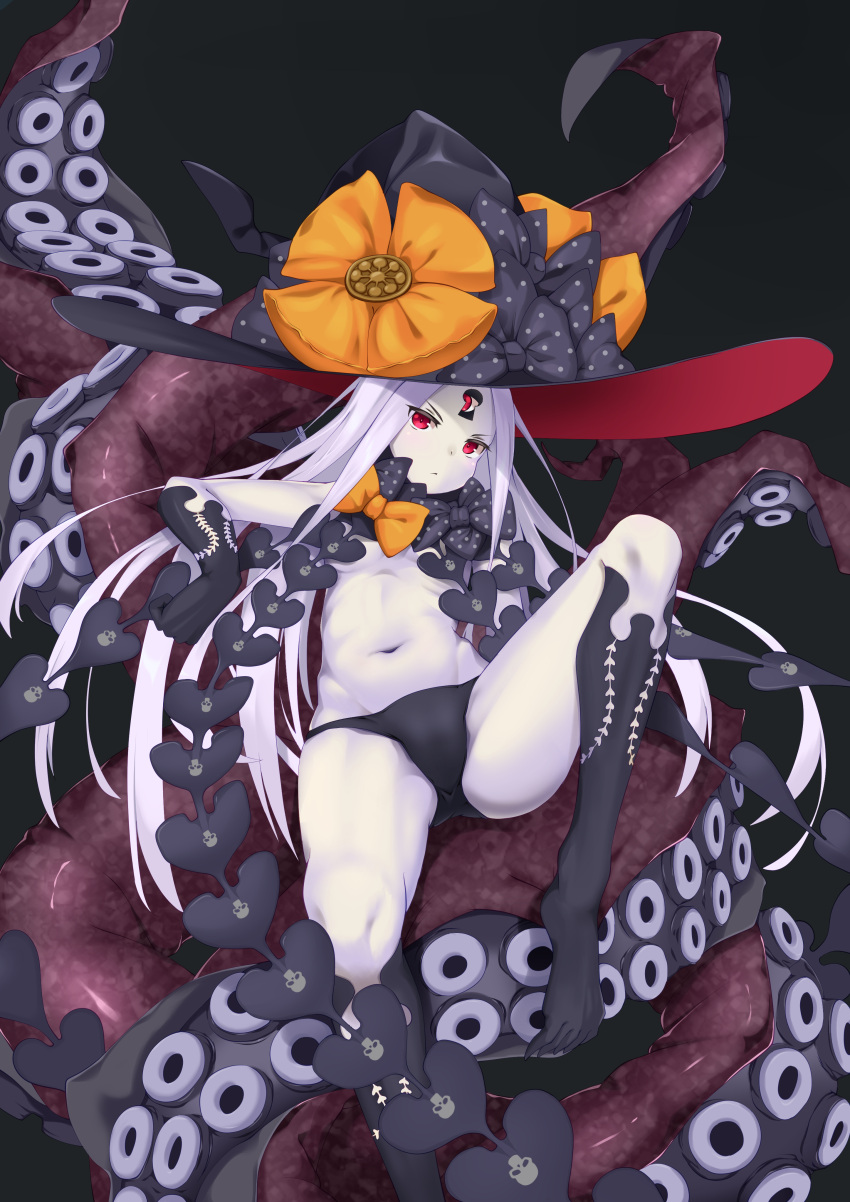 1girl abigail_williams_(fate) absurdres bangs bare_shoulders black_bow black_headwear bow breasts colored_skin fate/grand_order fate_(series) hat highres keyhole long_hair multiple_bows navel orange_bow parted_bangs red_eyes sitting small_breasts tentacles third_eye white_hair white_skin witch_hat yamachi_(xadp7533)
