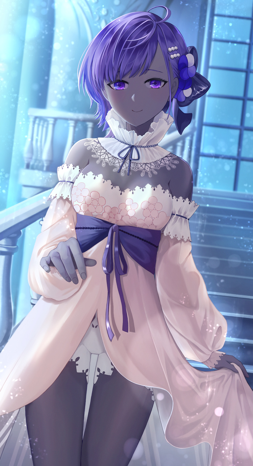 1girl absurdres bangs bare_shoulders blush breasts dark_skin dark-skinned_female dress fate/grand_order fate/prototype fate/prototype:_fragments_of_blue_and_silver fate_(series) hair_ornament hassan_of_serenity_(fate) highres huge_filesize looking_at_viewer lostroom_outfit_(fate) medium_breasts purple_hair short_hair sidelocks smile thighs tobi_(pixiv41237754) violet_eyes white_dress