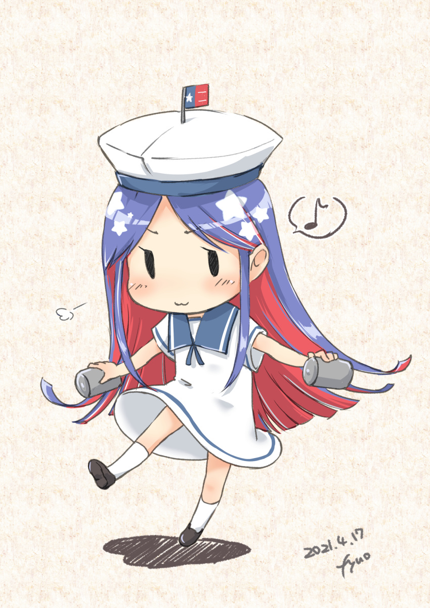 1girl absurdres artist_name blue_hair blue_sailor_collar chibi cosplay dated depth_charge dress eighth_note fairy_(kancolle) flag full_body fyuo hat hiburi_(kancolle) hiburi_(kancolle)_(cosplay) highres kantai_collection long_hair multicolored_hair musical_note redhead sailor_collar sailor_dress sailor_hat short_sleeves solo south_dakota_(kancolle) spoken_musical_note standing star_(symbol) white_dress white_hair white_headwear