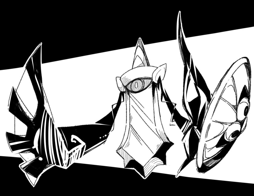 aegislash full_body gen_6_pokemon greyscale high_contrast highres holding holding_shield ma_sakasama monochrome no_humans pokemon pokemon_(creature) shield solo sword weapon