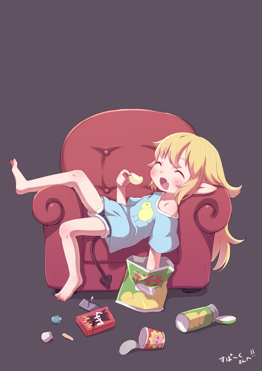 1girl armchair bare_legs barefoot blonde_hair blush chair chips closed_eyes cutoffs demon_tail denim denim_shorts easy_chair eating fang feet food highres legs off_shoulder original pointy_ears shorts snack solo tail ueno_musashi