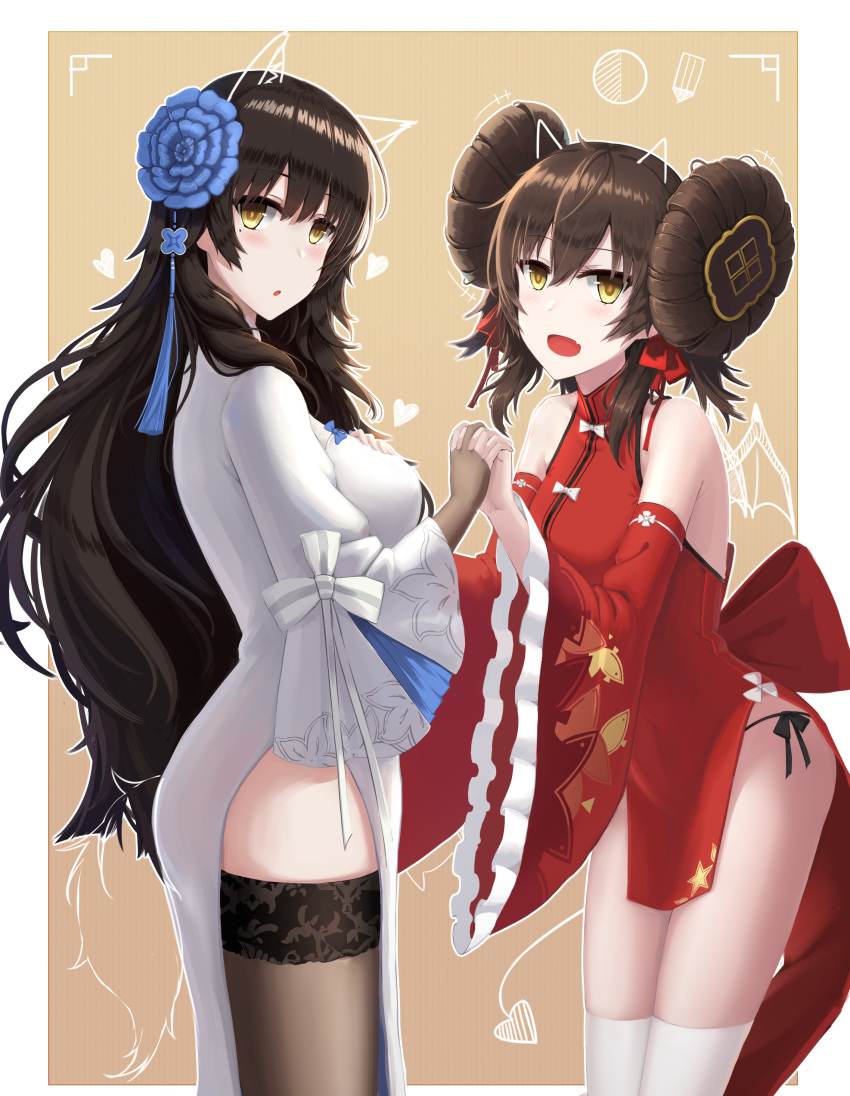 2girls absurdres bad_leg bangs black_legwear blush breasts brown_hair china_dress chinese_clothes double_bun dress eyebrows_visible_through_hair feet_out_of_frame flower girls_frontline hair_flower hair_ornament hair_ribbon highres holding_hands jiafei2o3 long_hair looking_at_viewer medium_breasts mole mole_under_eye multiple_girls open_mouth qbz-95_(girls_frontline) qbz-97_(girls_frontline) red_dress red_ribbon ribbon simple_background small_breasts standing thigh-highs white_dress white_legwear yellow_eyes