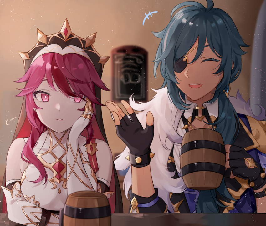 1boy 1girl alcohol bare_shoulders beer_mug black_gloves blue_hair closed_eyes cup drink elbow_gloves eyepatch fingerless_gloves fur_trim genshin_impact gloves half-closed_eyes highres holding holding_cup kaeya_(genshin_impact) long_hair low_ponytail mug open_mouth parted_lips purple_hair rosaria_(genshin_impact) sitting smile spikes tan veil violet_eyes white_gloves younomiti