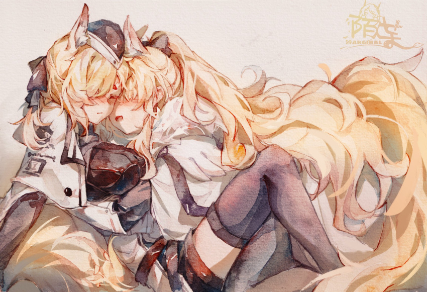 2girls animal_ears arknights artist_name aunt_and_niece black_bow black_headwear black_legwear black_ribbon blemishine_(arknights) blonde_hair blush bow chinese_commentary closed_eyes commentary_request face-to-face facing_another hair_bow hair_ribbon hat highres horse_ears horse_girl horse_tail incest long_hair long_sleeves moyu_marginal multiple_girls ponytail ribbon tail thigh-highs very_long_hair whislash_(arknights) yuri