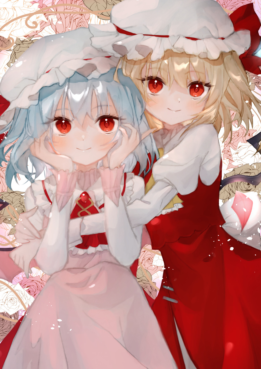 2girls absurdres ascot bat_wings blonde_hair blush brooch closed_mouth commentary_request cowboy_shot crystal dress eyebrows_visible_through_hair flandre_scarlet floral_background hands_on_own_cheeks hands_on_own_face hat highres hug huge_filesize jewelry juliet_sleeves long_sleeves looking_at_viewer mob_cap multiple_girls omodaka_romu pink_dress puffy_sleeves red_dress red_eyes red_neckwear remilia_scarlet short_hair siblings sisters smile touhou upper_body white_headwear wings yellow_neckwear
