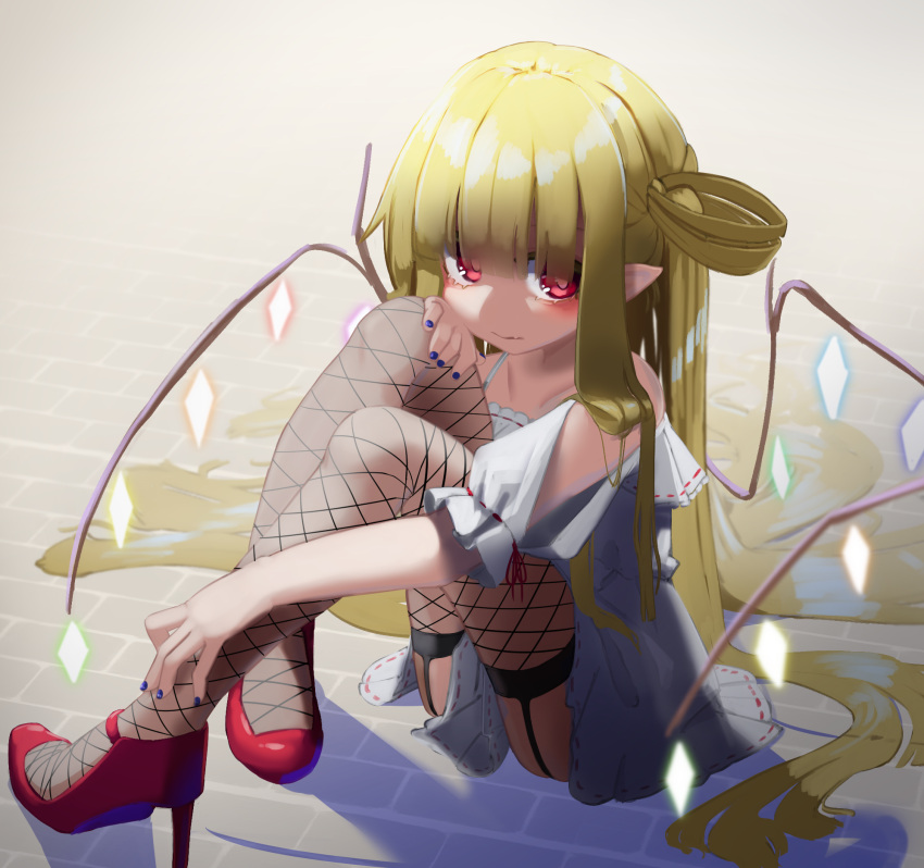 1girl absurdly_long_hair bangs bare_shoulders blue_nails blunt_bangs brick_floor bright_pupils closed_mouth commentary_request crystal dress expressionless eyebrows_behind_hair fishnet_legwear fishnets flandre_scarlet garter_belt garter_straps glowing grey_background hair_rings high_heels highres indoors knees_up long_hair looking_at_viewer nail_polish no_hat no_headwear one_side_up pointy_ears red_eyes red_footwear simple_background sitting solo thigh-highs touhou very_long_hair white_dress wings zakozako_y